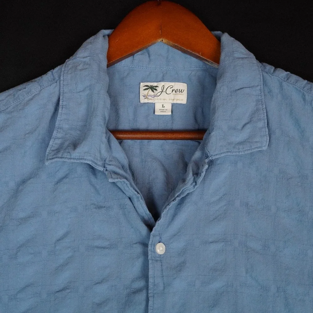J. Crew Shirt Mens L Blue Textured Grid Short Sleeve Camp Collar Cotton Casual